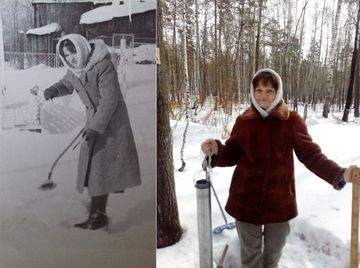 Конкурс фотографий «Моя жизнь — Гидромет». . Автор: Люлин С. (1982 г.) и Нахаева Г.Н. (2018 г.). Название: На метеоплощадке  и на снегосъемке