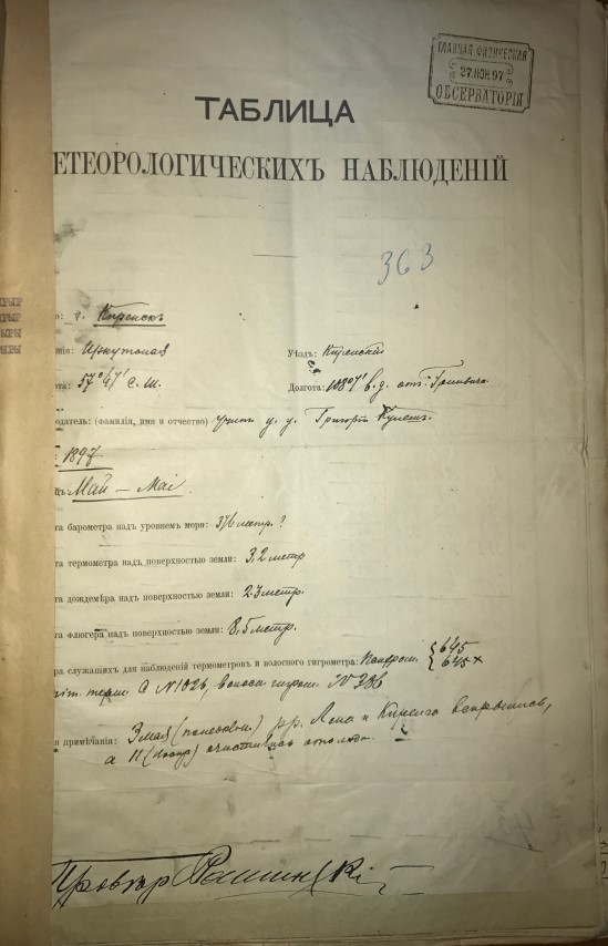 www.irmeteo.ru | Таблица метеорологических наблюдений, май 1897 г.
